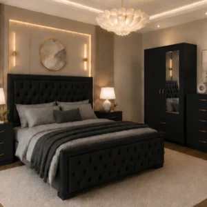Black King Size Bedroom Furniture Set – Bed, Wardrobe, Bedside Tables & Chest of Drawers