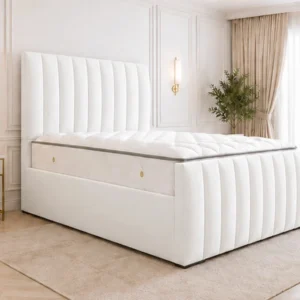 White King Bed with Mattress – King Size Bed with Modern Panel Line Headboard
