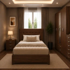 Modern Walnut Double Bed Bedroom Furniture Set - Five Door Mirrored Wardrobe - Chest of Five Drawers & Two Bedside Tables