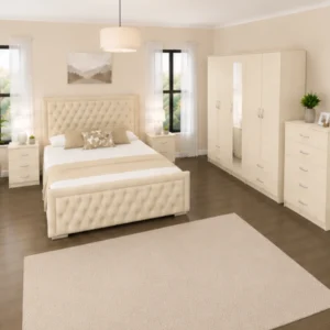 Complete Bedroom Furniture Package - Double Bed - 5 Door Full Length Mirror Wardrobe - Five Drawer Chest - Two Bedside Tables