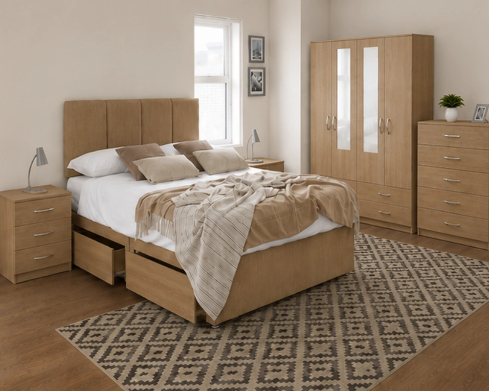Luxury Double Bed Furniture Set – Four Door Wardrobe with Four Bottom Drawers – Chest of Five Drawers with Two Bedside Tables - Image 3