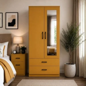 Mustard Yellow 2 Door Mirrored Wardrobe with 2 Drawers - Modern Bedroom Storage Cabinet
