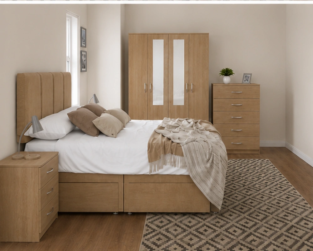 Luxury Double Bed Furniture Set – Four Door Wardrobe with Four Bottom Drawers – Chest of Five Drawers with Two Bedside Tables - Image 5