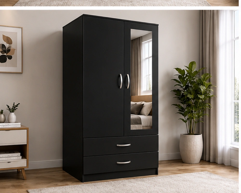 Sleek Black Wardrobe Cabinet with Mirror & 2 Drawers – Modern Space-Saving Design - Image 2