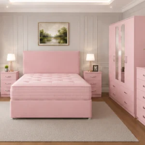 Elegant Master Bedroom Set - 4 Door Mirror Wardrobe With Four Storage Drawers - Double Bed - Two Bedside Tables