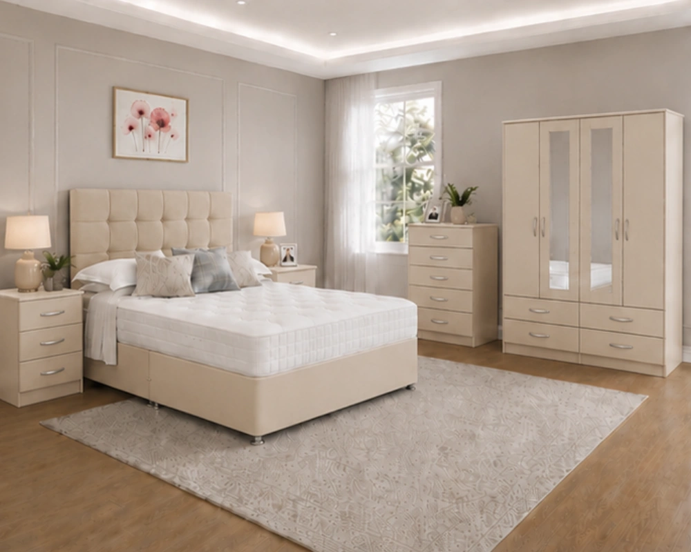 Elegant Beige Bedroom Set with 4 Door Wardrobe - Bed Side Tables, Chest of drawers - Image 3