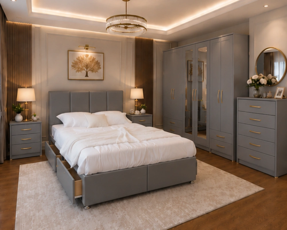 Complete Grey Bedroom Set with Mirrored Wardrobe, 6 Bedside Tables & 5 Drawer Chest - Image 4