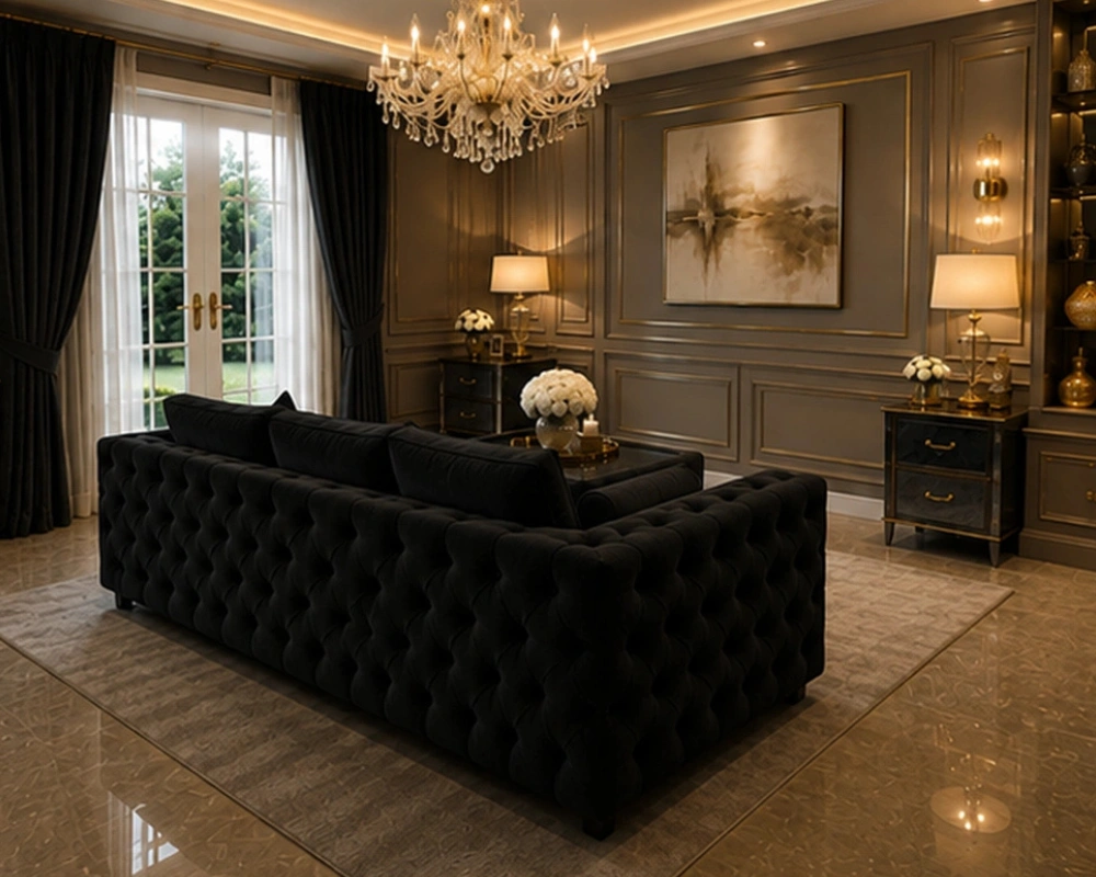 Black 3 Seater Sofa - Luxury Tufted Sofa for Modern Living Room - Image 4