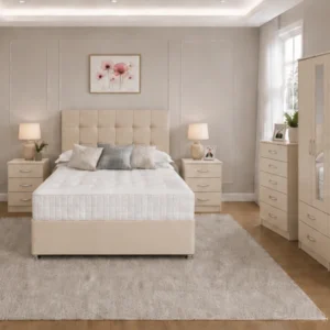 Elegant Beige Bedroom Set with 4 Door Wardrobe - Bed Side Tables, Chest of drawers