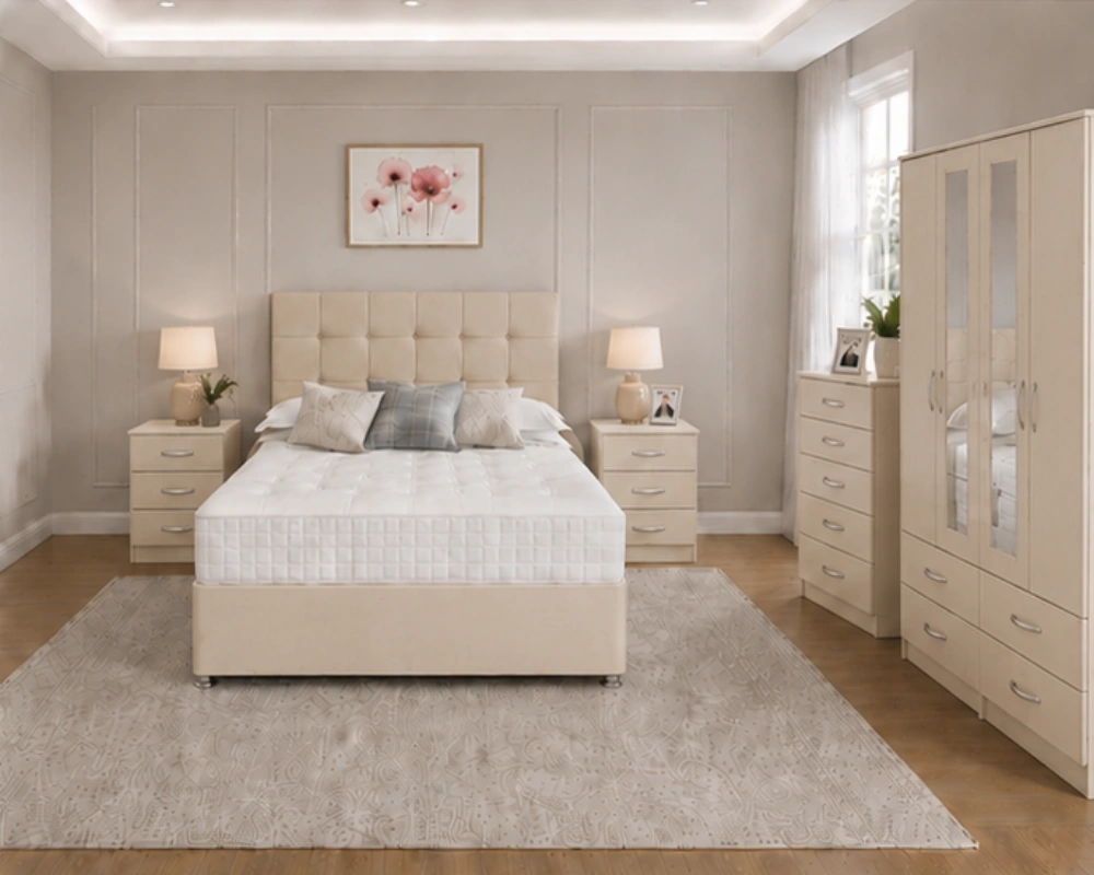 Elegant Beige Bedroom Set with 4 Door Wardrobe - Bed Side Tables, Chest of drawers