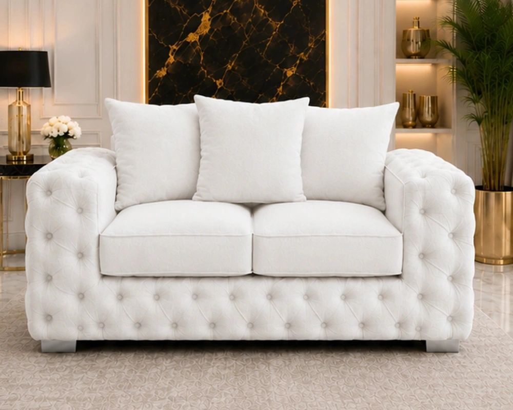 Premium White 2 Seater Sofa – Classic Buttoned Arms & Soft Cushioned Seating