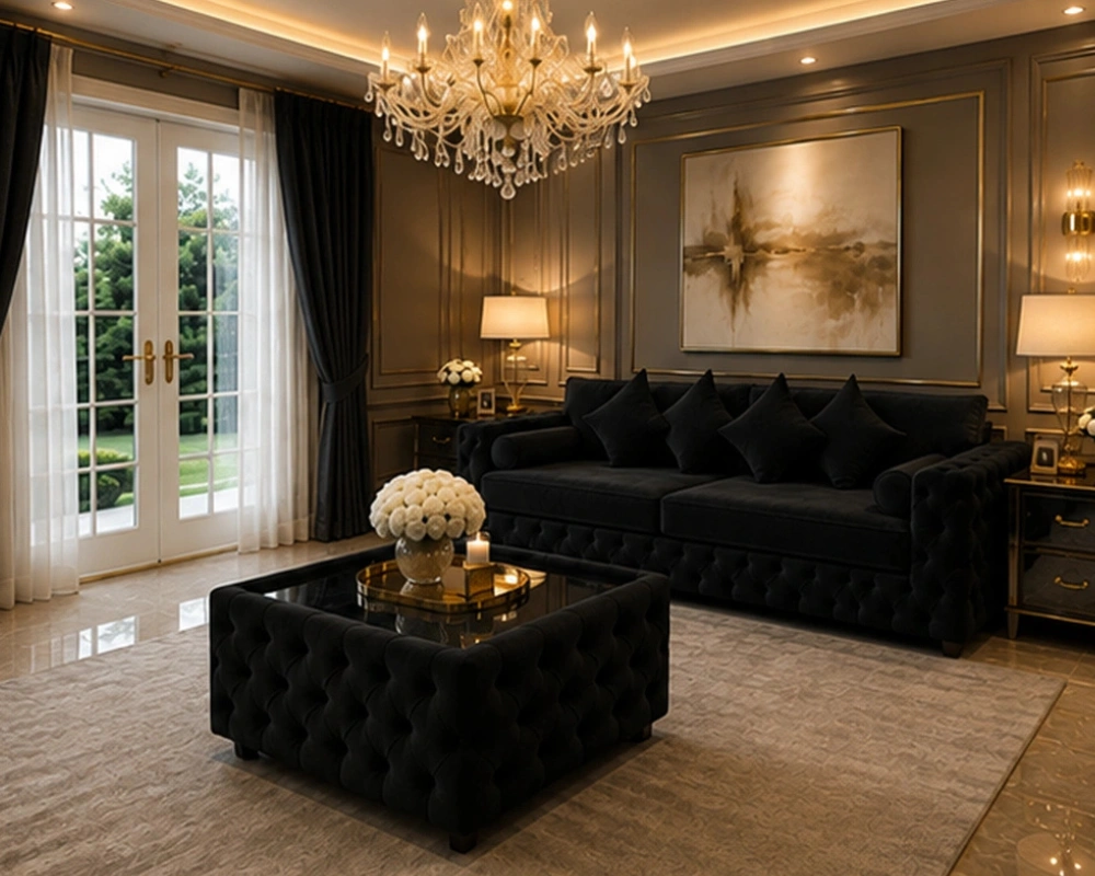 Black 3 Seater Sofa - Luxury Tufted Sofa for Modern Living Room - Image 2