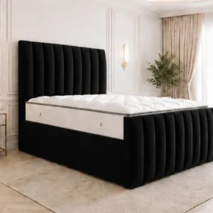 Black King Size Bed with Mattress – Stylish Panel Line King Bed with Mattress Included
