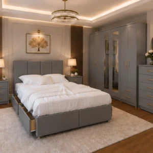 Complete Grey Bedroom Set with Mirrored Wardrobe, 6 Bedside Tables & 5 Drawer Chest