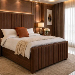 Elegant Brown King Size Bed with Mattress – Luxury King Size Bed Frame – Panel Line Design