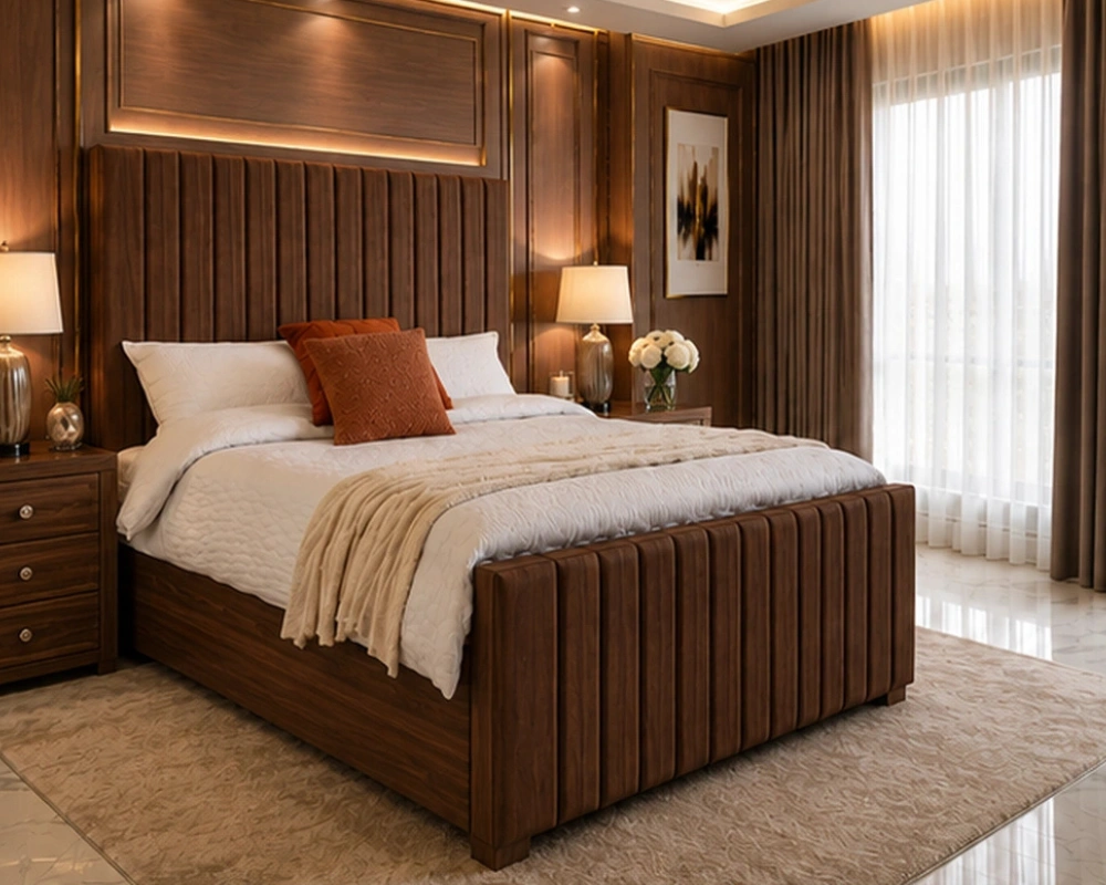 Elegant Brown King Size Bed with Mattress – Luxury King Size Bed Frame – Panel Line Design
