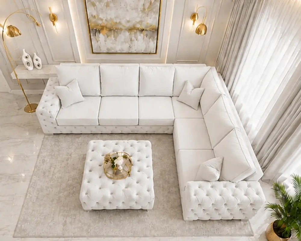 5 Seater White Corner Sofa - Luxury Button Tufted Sofa for Modern Living Room - Image 2