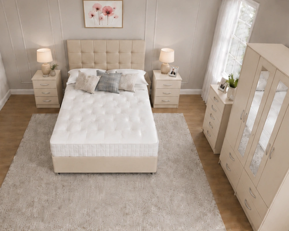 Elegant Beige Bedroom Set with 4 Door Wardrobe - Bed Side Tables, Chest of drawers - Image 4