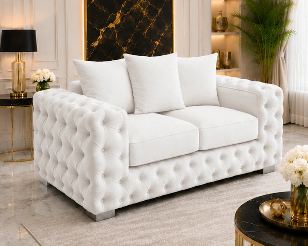 Premium White 2 Seater Sofa – Classic Buttoned Arms & Soft Cushioned Seating - Image 2
