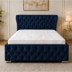 Midnight Blue Oxford Bed with mattress – Sophisticated 4ft 6in Double Frame with Plush Upholstery