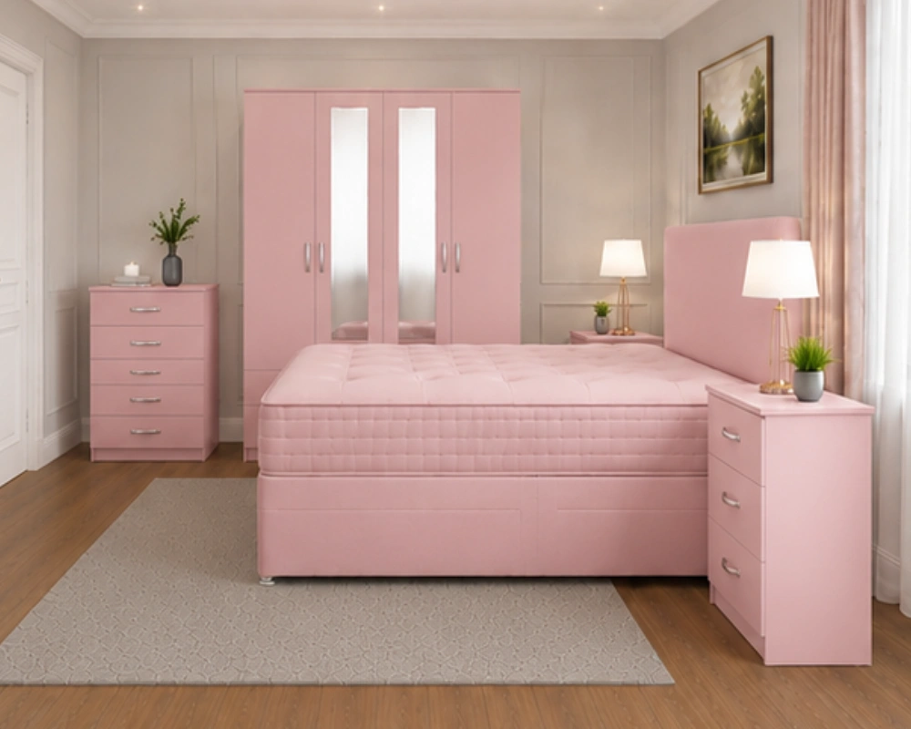 Elegant Master Bedroom Set - 4 Door Mirror Wardrobe With Four Storage Drawers - Double Bed - Two Bedside Tables - Image 3