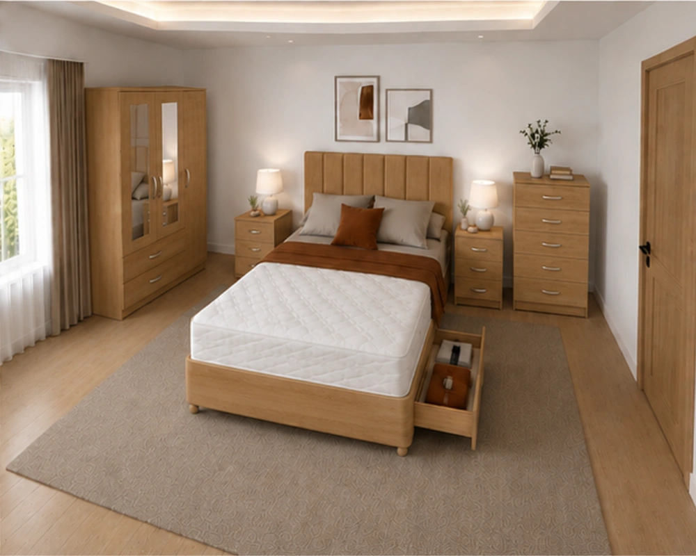 Double Bed Home Furniture Collection - 3 Door Wardrobe With Two Mirrors And Two Bottom Drawers - Chest of Five Drawers - Image 3
