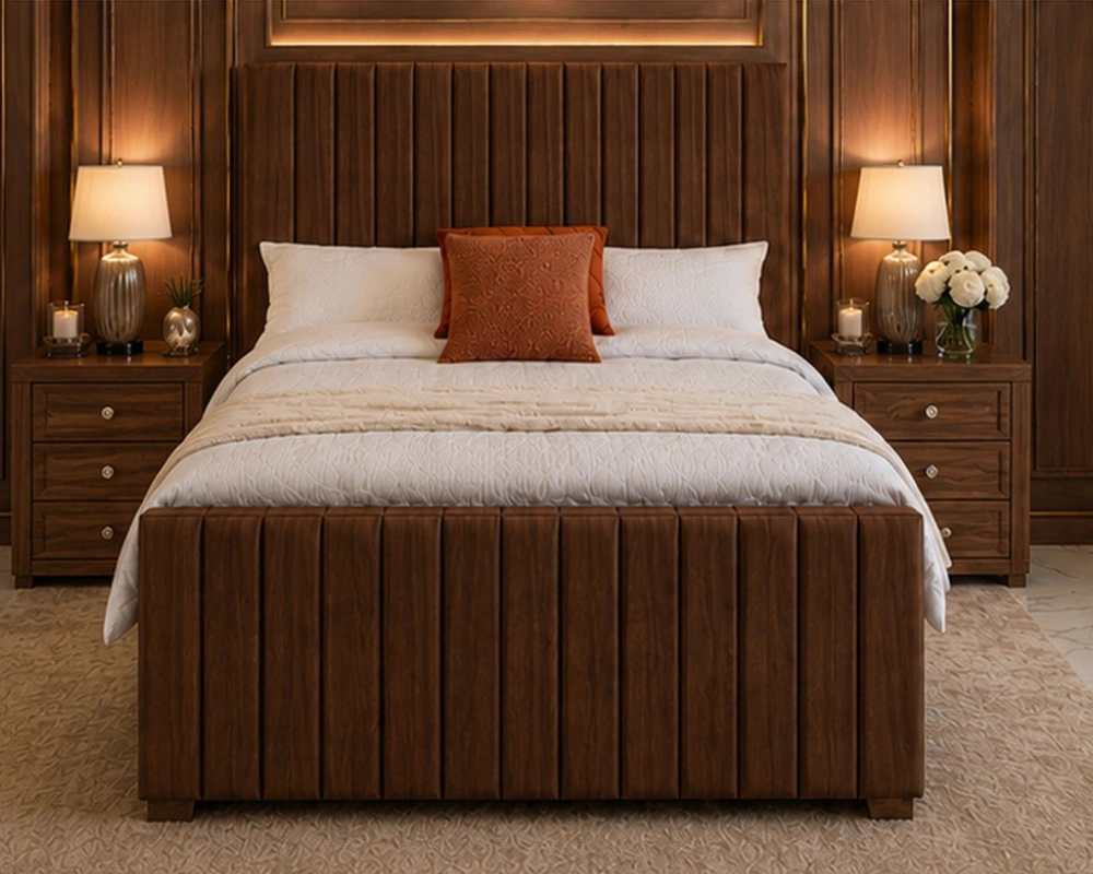 Elegant Brown King Size Bed with Mattress – Luxury King Size Bed Frame – Panel Line Design - Image 2
