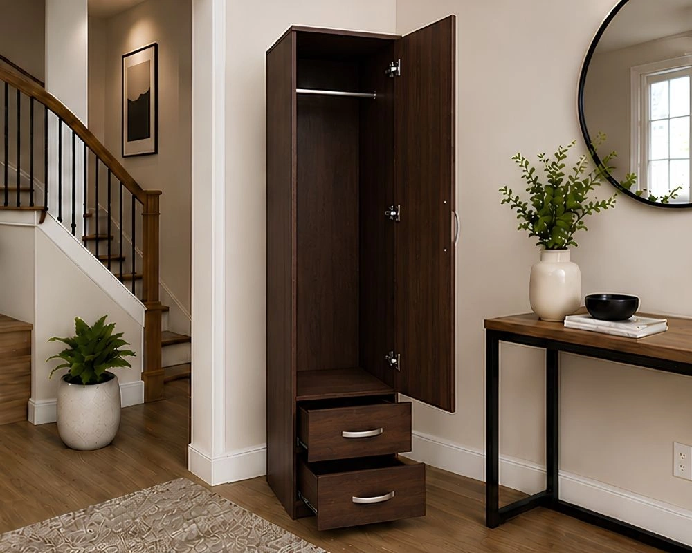 Wooden One Door Wardrobe with Two Drawers - Image 4