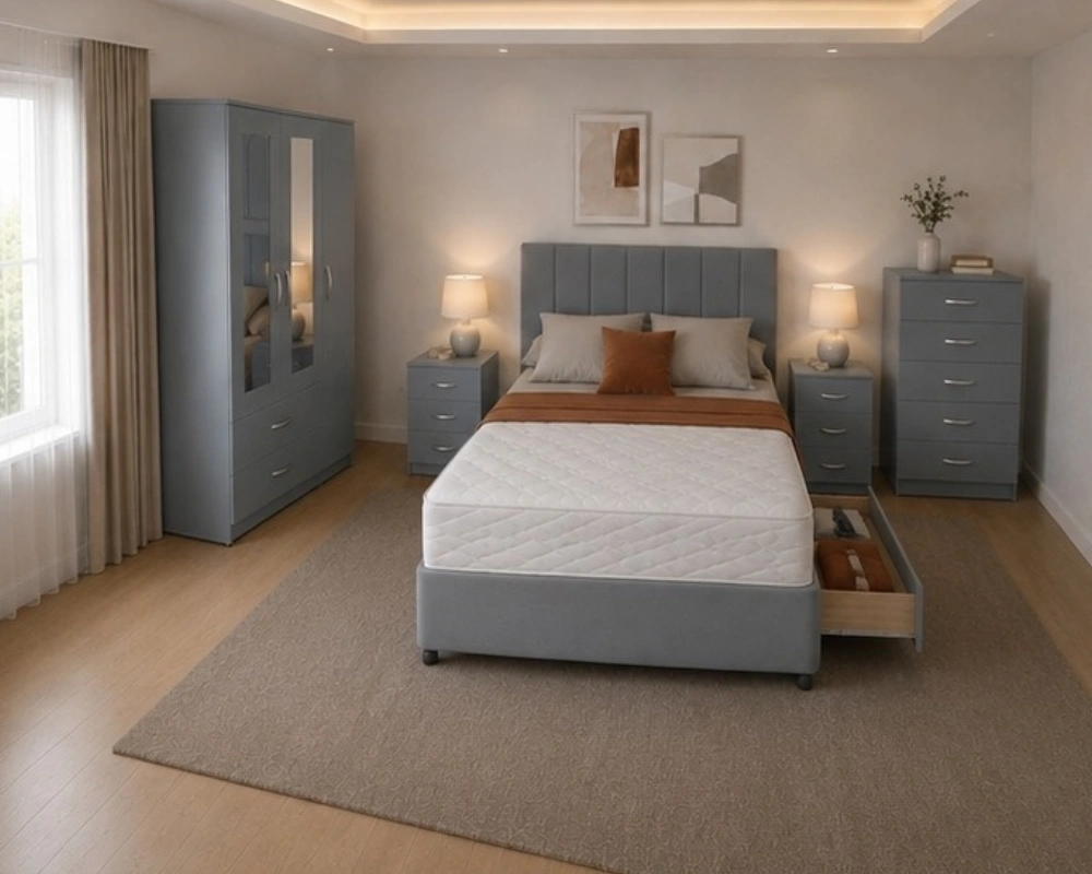 Modern Double Bedroom Package - 3 Door Wardrobe With Two Mirrors And Two Bottom Drawers - Chest of Five Drawers - Two Bedside Tables