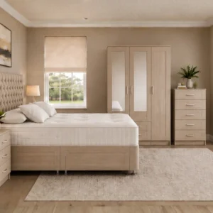 Double Bed Furniture Set - Three Door Wardrobe With Two Mirrors And Two Bottom Drawers - Chest of Five Drawers - Two Bedside Tables