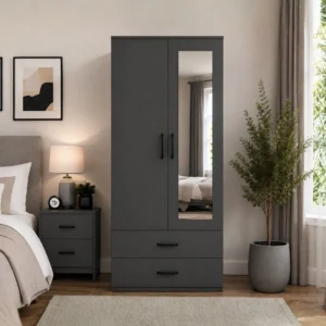 Modern Grey 2 Door Mirrored Wardrobe with 2 Drawers - Bedroom Storage Cabinet