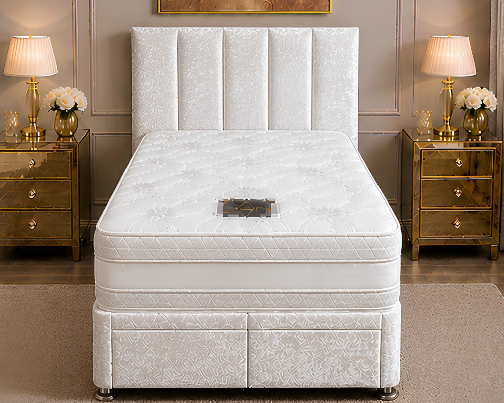 Ivory Single Divan Bed – 90×190cm with Mattress & Drawers– Elegant Off-White Single Bed