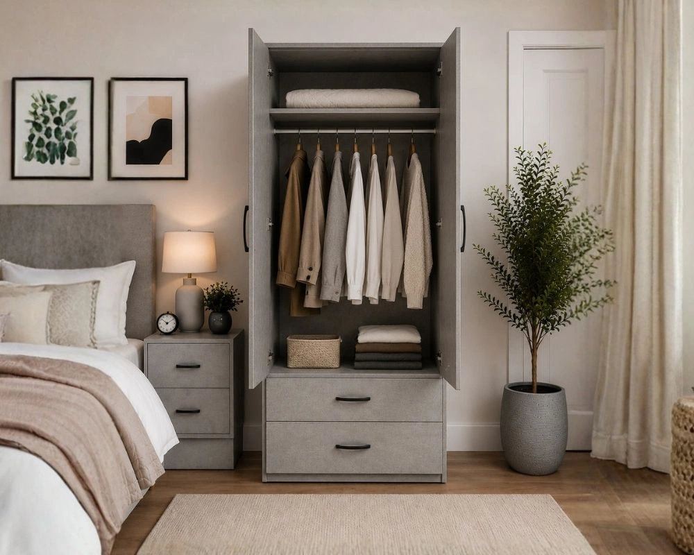 2 Door Mirrored Wardrobe with 2 Drawers - Modern Bedroom Storage Cabinet - Image 4