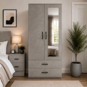 2 Door Mirrored Wardrobe with 2 Drawers - Modern Bedroom Storage Cabinet