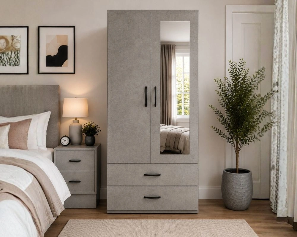 2 Door Mirrored Wardrobe with 2 Drawers - Modern Bedroom Storage Cabinet