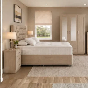 Modern Bedroom Furniture Set - Double Bed - 3 Door Wardrobe With 2 Mirrors And 2 Bottom Drawers - Five Drawer Chest - Two Bedside Tables