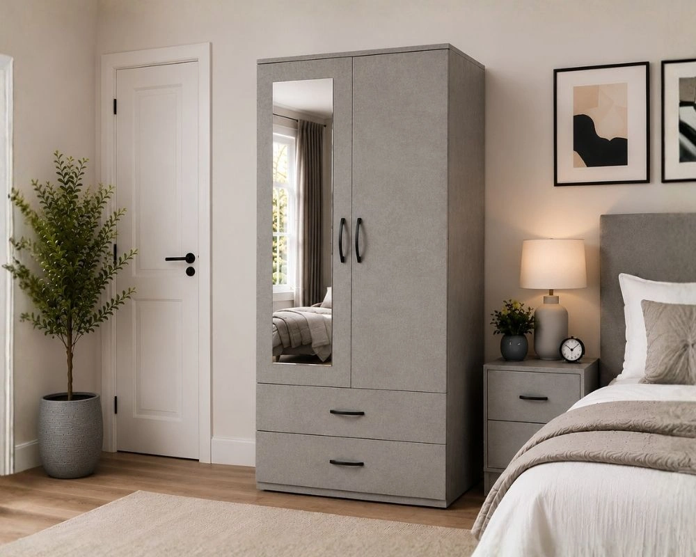 2 Door Mirrored Wardrobe with 2 Drawers - Modern Bedroom Storage Cabinet - Image 2