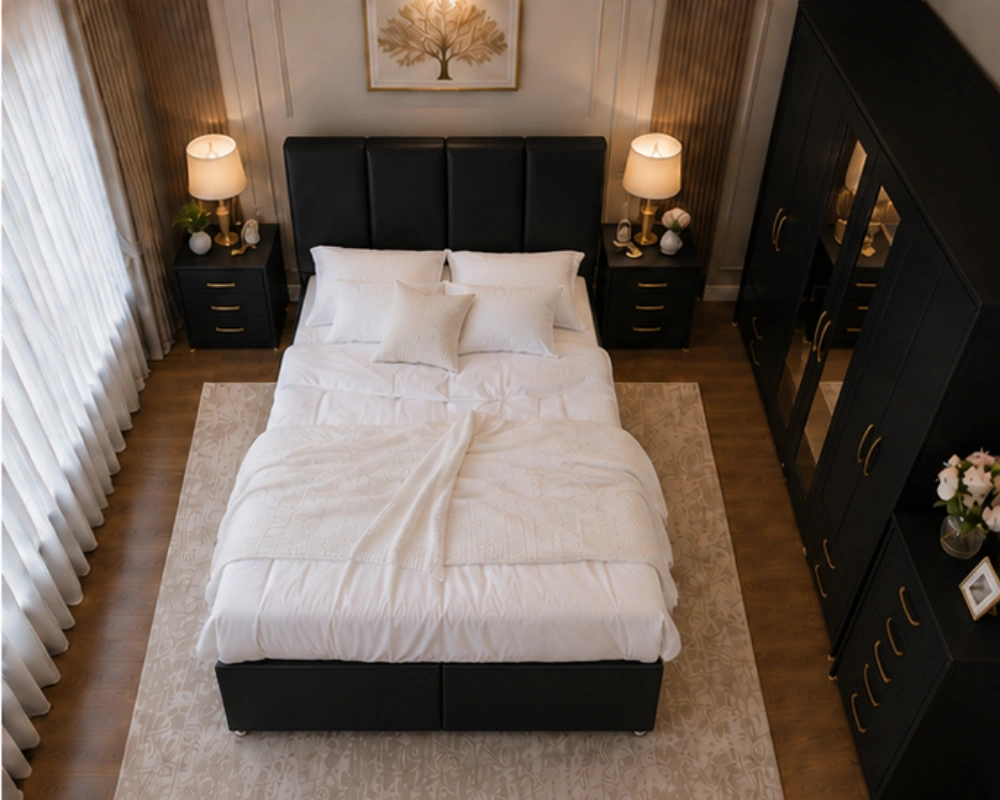 Modern king Bed Furniture Set – 6 Door Mirrored Wardrobe – 5 Drawer Chest – Pair of Bedside Cabinets - Image 3