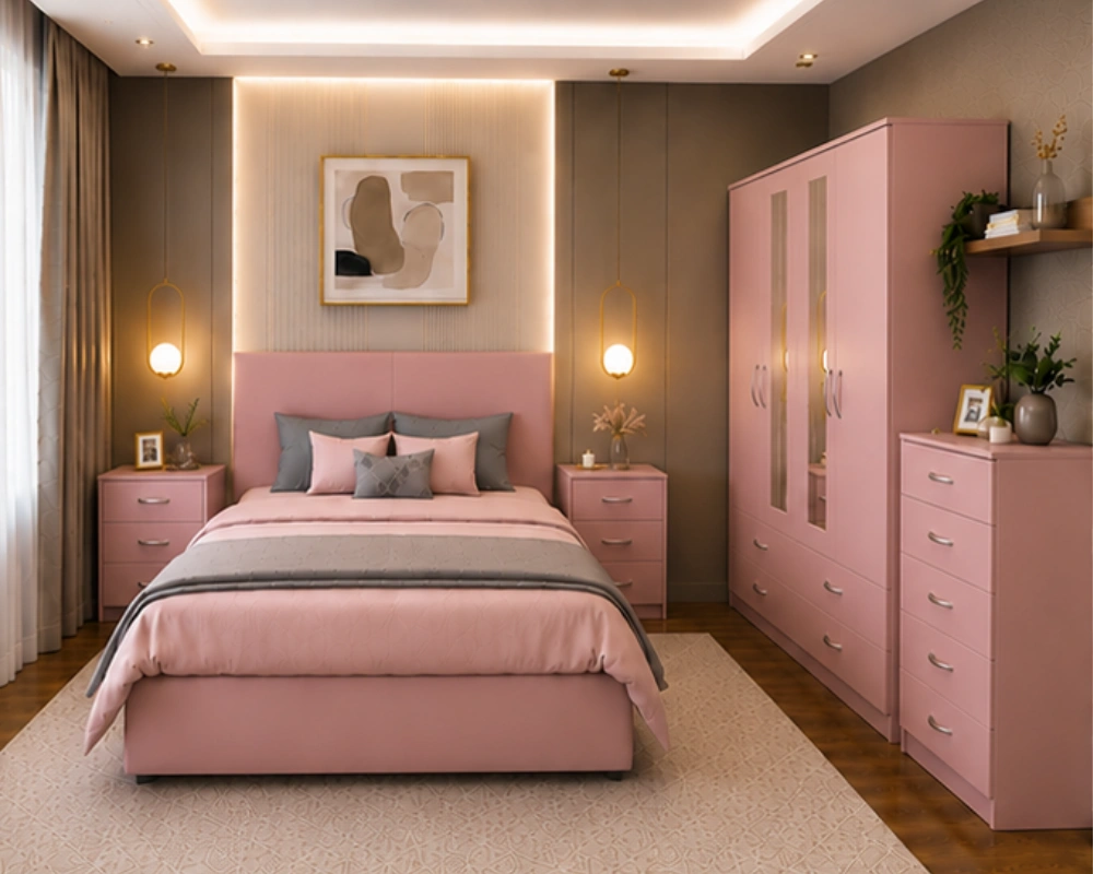 Luxury Pink Double Bed Furniture Set – Four Door Wardrobe with Four Bottom Drawers – Chest of Five Drawers with Two Bedside Tables - Image 4