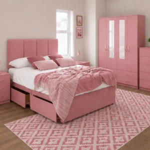 Premium Storage Furniture Set - Double Bed - Four Door Mirror Wardrobe - Four Base Drawers - Two Bedside Tables