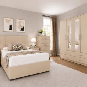 Premium Bedroom Essentials - Double Bed - Four Door Wardrobe With Dual Mirrors And Storage Drawers - Two Bedside Tables