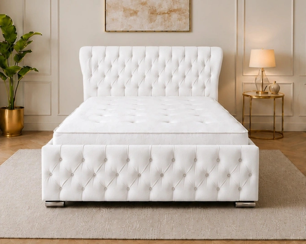 Alabaster White Oxford Super King Bed – Sophisticated 6ft Padded Design with Mattress