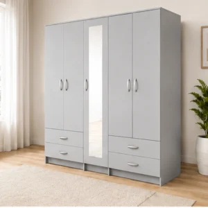 Stylish White 5 Door Wardrobe | Full-Length Mirror & 4 Drawer Storage