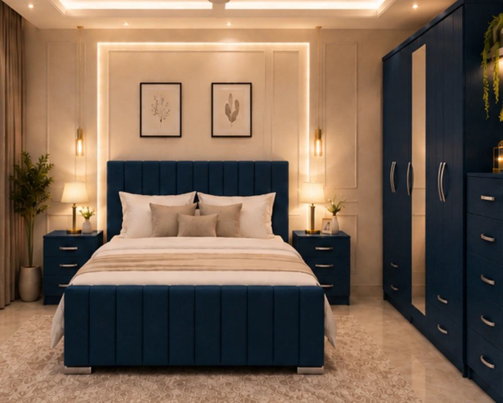 Luxury Double Bed Furniture Set – Five Door Wardrobe with One Full Length Mirror & Four Bottom Drawers – Chest of Five Drawers with Two Bed Side Tables - Image 3