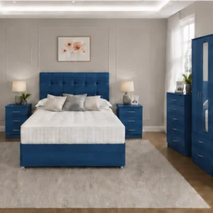 Complete Blue Bedroom Suite with Chest of Drawers & Side Tables - 4 Door Wardrobe with 2 Mirrors