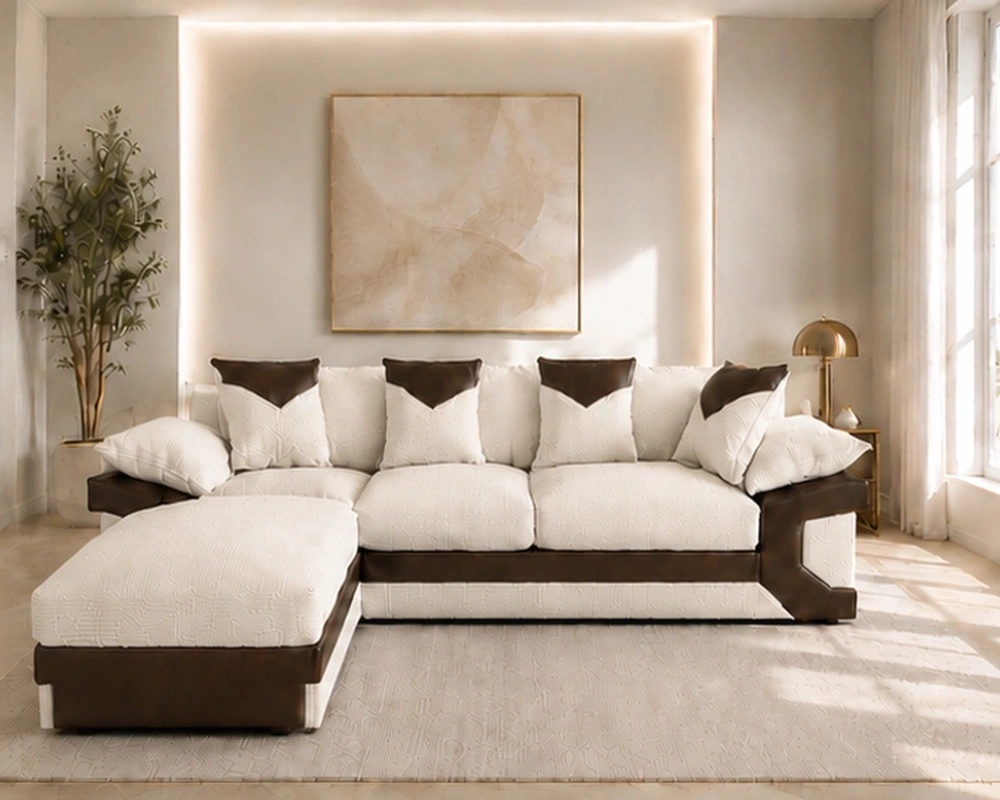 Dino 5 Seater Corner Sofa Off White Leather Touch - Modern L Shape Sofa - Image 3