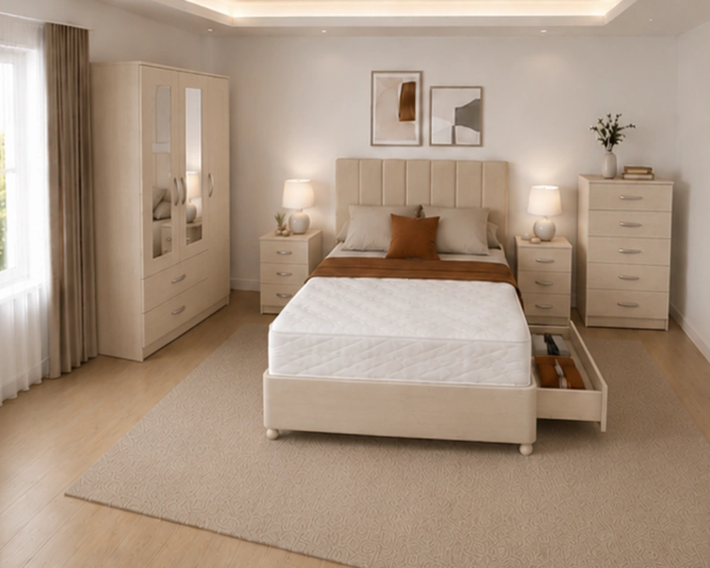 Modern Bedroom Storage Package - Double Bed - Three Door Mirror Wardrobe With Two Bottom Drawers - Bedside Table Pair