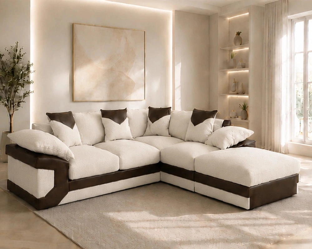 Dino 5 Seater Corner Sofa Off White Leather Touch - Modern L Shape Sofa