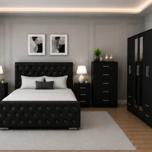 Master Bedroom Double Bed Set - Six Door Wardrobe With Four Drawer - Chest of Five Drawers With Two Bed Side Table