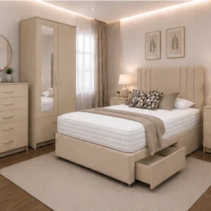 Modern Bedroom Collection - King Bed - Two Door Mirror Wardrobe With Bottom Drawer - Chest of Five Drawers - Bedside Table Pair